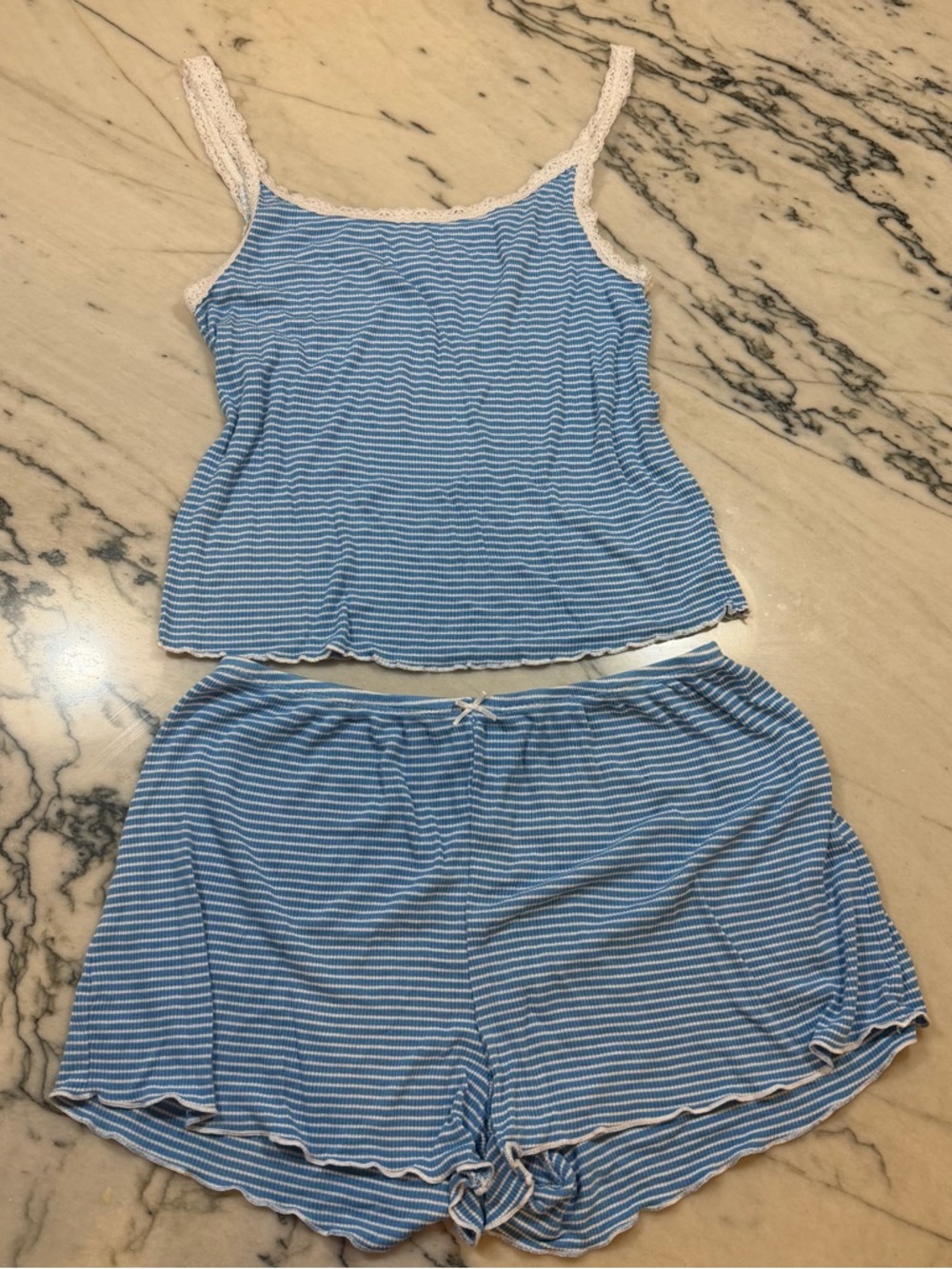 Blue‎ Striped Lace-Trim Cami and Shorts Pajama Set Size XS